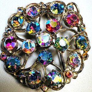 Vtg Round Multi-colored Aurora Borealis Rhinestone Brooch Pin Jewelry Filigree